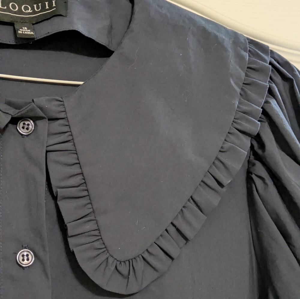 ELOQUII Navy Blue Poplin Mini Dress Oversized Ruffle Peter Pan Collar SZ 18 NWT - Picture 3 of 10